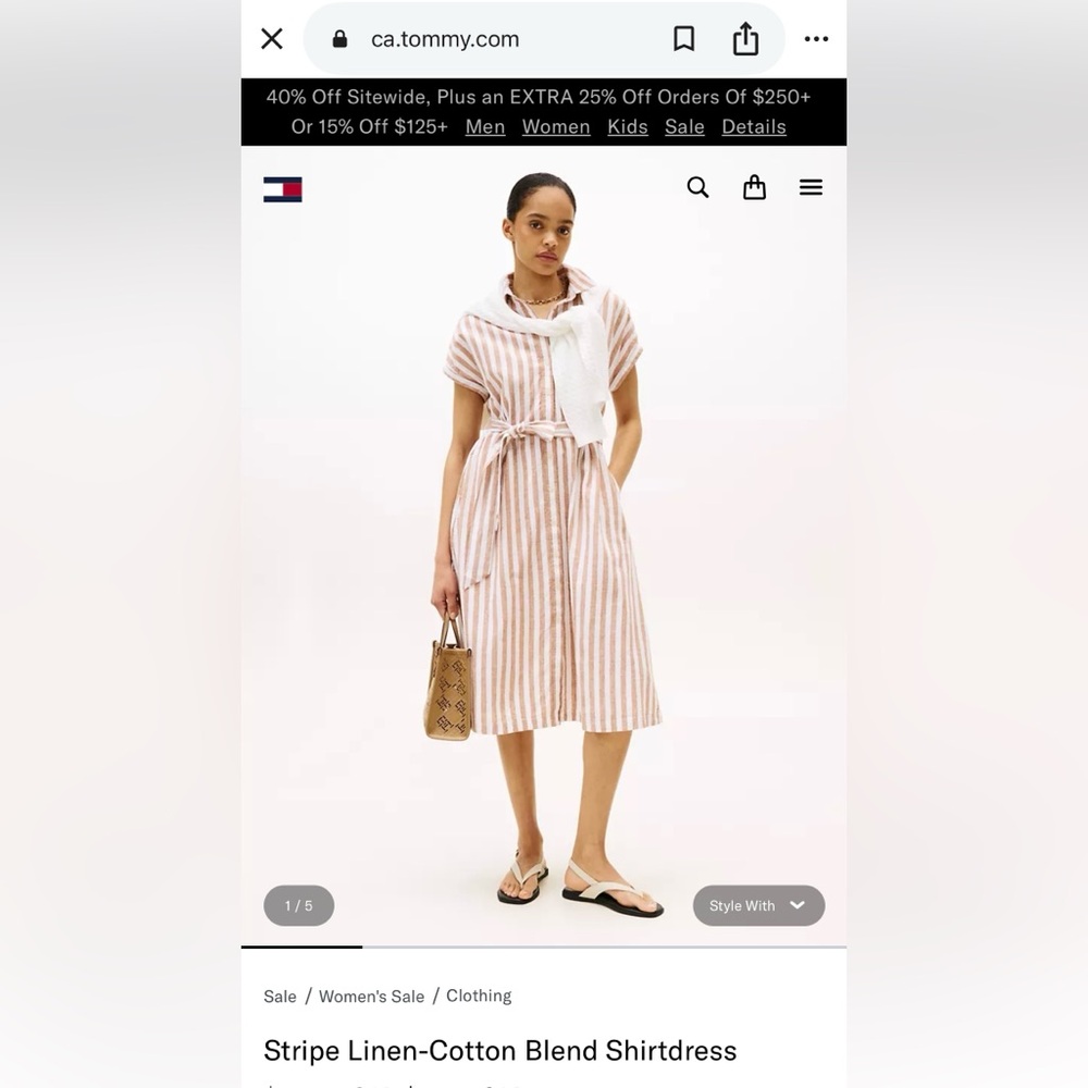 Tommy Hilfiger Tan and White Striped Linen-Cotton Midi Shirtdress
